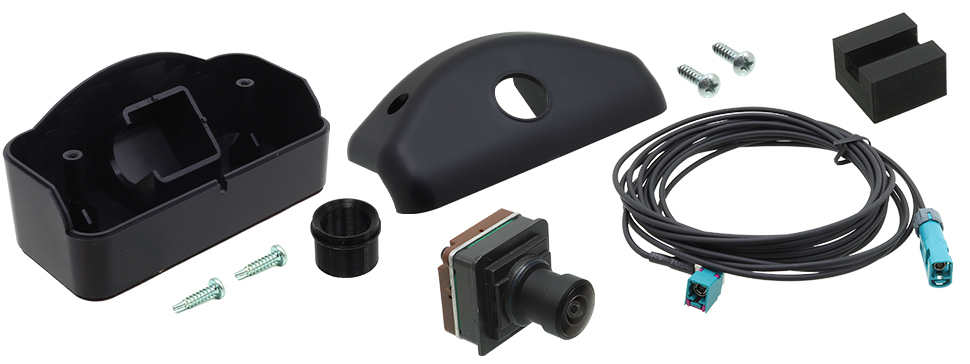Camera Relocation Housing, LVDS Extension Harness, and OE Camera Kit for 2021-2024 Ford F-150 Trucks with Ford 360-Degree Camera Package.  Part Number 250-8700 includes a universal surface-mount housing, mounting hardware, OE camera, and 14.5-foot LVDS extension harness.