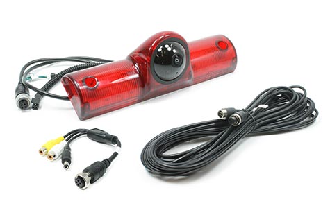 This image depicts a high-mount backup camera for universal applications including trailers and truck camper shells. The image includes the camera, the extension harness, and RCA adapter against a plain white background.