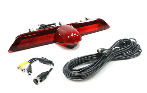 This image depicts a high-mount backup camera for a 2014-2017 Ford Transit Full-Size van. The image includes the camera, the extension harness, and RCA adapter against a plain white background.