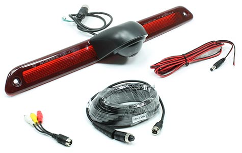 This image depicts a high-mount backup camera for a 2007-2016 Dodge/Mercedes Sprinter. The image includes the camera, the extension harness, and RCA adapter against a plain white background.
