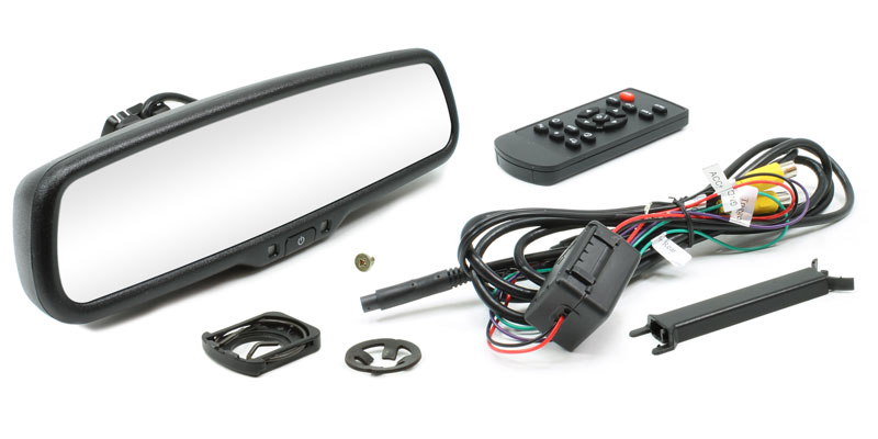 Rostra 250-8208 mirror kit with rearview mirror, power/ground/video harness, IR remote control, wire cover, and Hyundai/Kia lug adapter