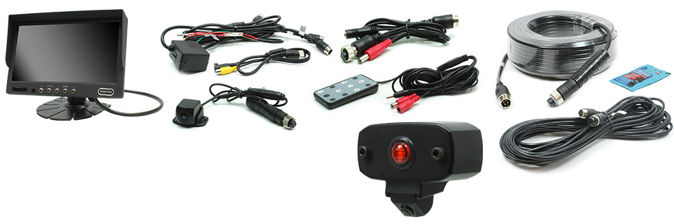 Custom backup cameras for Blue Bird Bus with 7-inch multi-camera capable LCD monitor