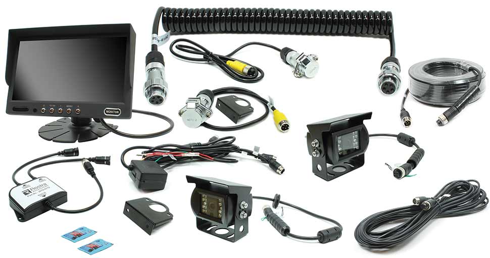 Rostra 250-8220-TRSW 7-Inch two-channel video monitor with pedestal mount, two black infrared hinge-mount cameras, one 10-meter harness, one 20-meter harness, vehicle and trailer-side connectors, 2.5-meter coil harness, and automatic camera switcher