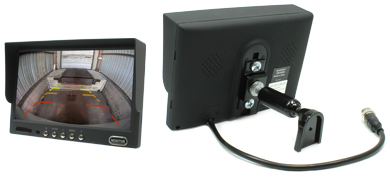 Rostra 250-8221 7-inch TFT LCD monitor with dual video inputs, 5-inch windshield stem mount, and dashboard pedestal mount