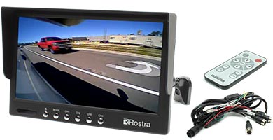 Rostra 250-8223 7-inch TFT LCD monitor with four video inputs, 5-inch windshield stem mount, and dashboard pedestal mount
