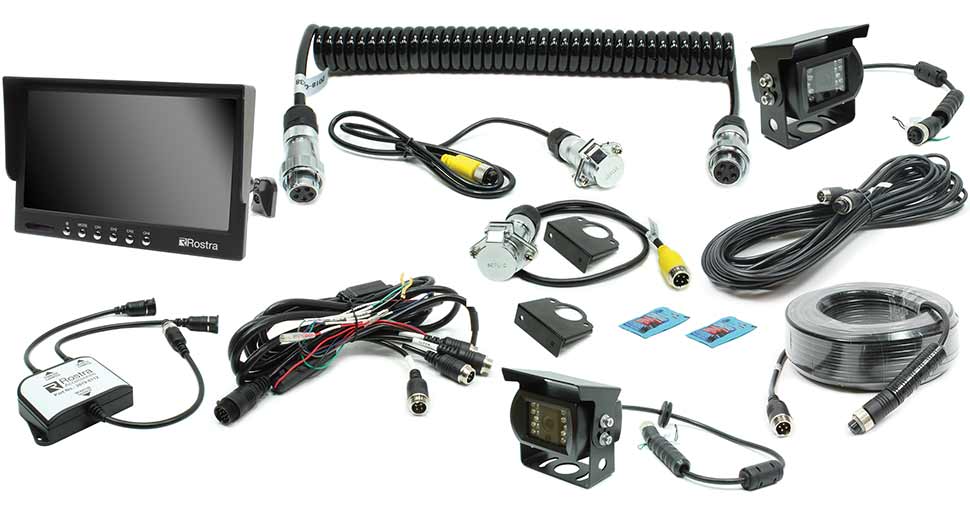 Rostra 250-8223-TRSW 7” four-channel video monitor with windshield stem mount, two black infrared hinge-mount cameras, one 10-meter harness, one 20-meter harness, vehicle and trailer-side connectors, 2.5-meter coil harness, and automatic camera switcher