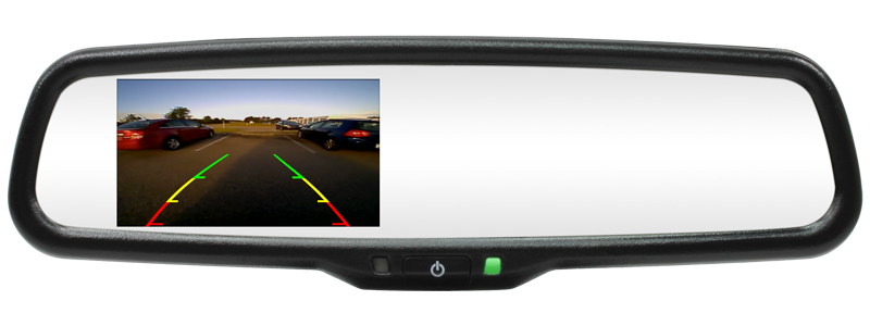 Rostra 250-8208 rearview mirror includes a built-in 4.3-inch LCD screen with two video inputs for front, rear and/or side-view cameras
