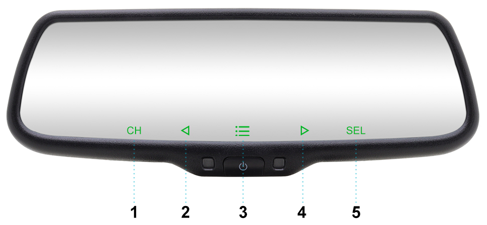 An image of a car rearview mirror, Overlaid onto the glass of the mirror are buttons that allow the user to amke adjustment to the display.