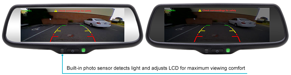 This image shows two rearview mirror side by side. The LCD screen in one mirror is at full brightness during the daytime for enhanced visibility while the other mirror has an LCD screen that has been dimmed during the night to reduce eye strain when the screen powers on.