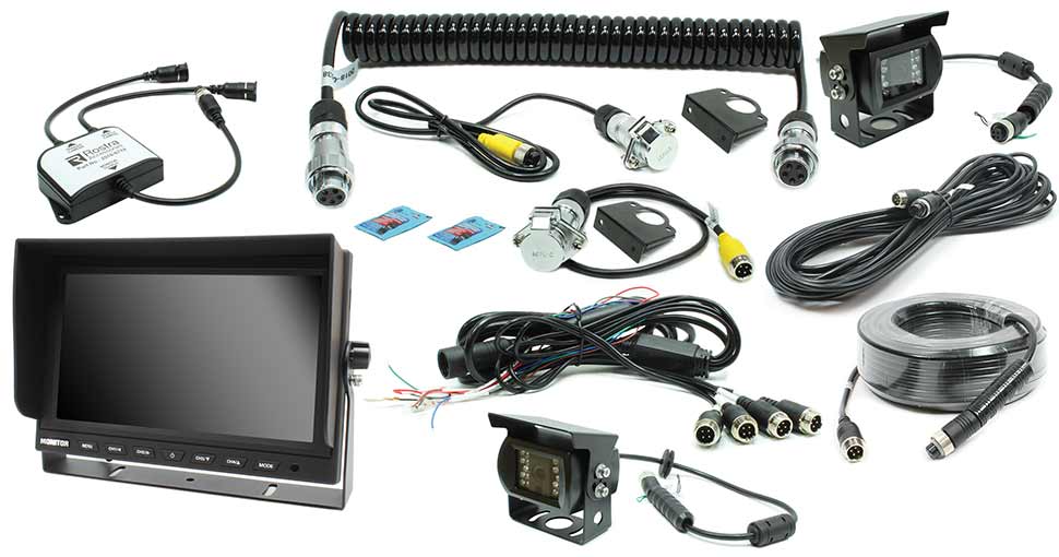 Rostra 250-8290-TRSW 9” four-channel video monitor with pedestal mount, two black infrared hinge-mount cameras, one 10-meter harness, one 20-meter harness, vehicle and trailer-side connectors, 2.5-meter coil harness, and automatic camera switcher