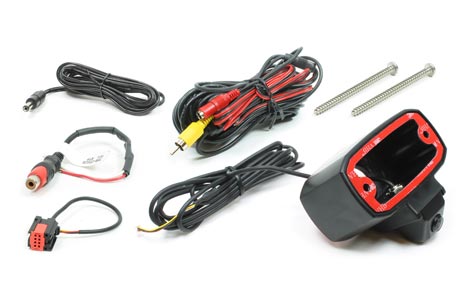 This image depicts a high-mount backup camera for a 2014-2017 RAM ProMaster van. The image includes the camera, the extension harness, and RCA adapter against a plain white background.