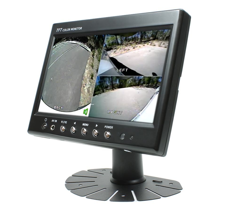View on-screen configurations of monitors installed around a vehicles including single, dual, three-up, or quad-view.
