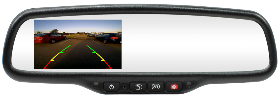 Rostra backup camera rearview mirror 250-8820 includes built-in buttons for accessing OnStar on your GM vehicle, a 4.3-inch LCD screen, two video inputs and Quick-Touch camera activation technology