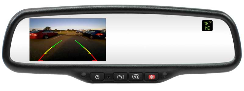Rostra 250-8821 rearview mirror includes a built-in 4.3-inch LCD screen with two video inputs for rear and/or side-view cameras