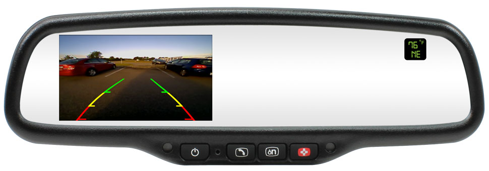 Rostra backup camera rearview mirror 250-8821 includes built-in buttons for accessing OnStar on your GM vehicle, compass and temperature readout, a 4.3-inch LCD screen, two video inputs and Quick-Touch camera activation technology