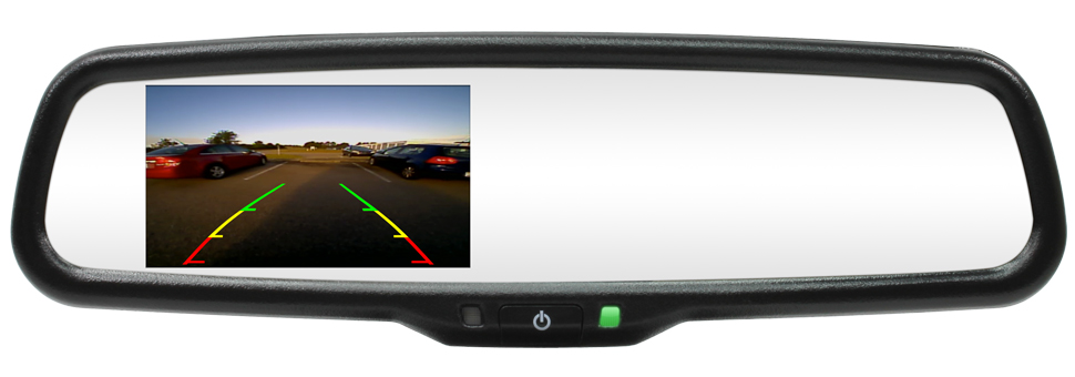 Rostra backup camera rearview mirror 250-8830 includes a 4.3-inch LCD screen, two video inputs, auto-dimming mirror glass and Quick-Touch camera activation technology