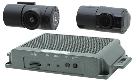 This image shows three components from the 250-8950MD dashcam system by Rostra including the main contol module as well as the front and rear-facing cameras