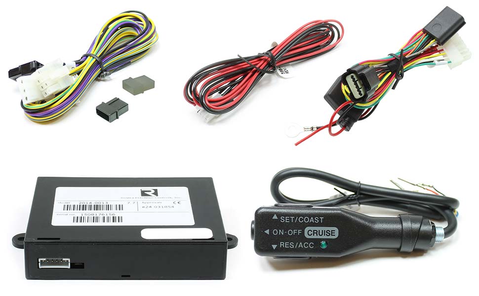 An image showing the components of Rostra cruise control system 250-9624 for adding cruise control functionality to the 2022-2024 Chevrolet Silverado with push buttoon start ignition. The components include the control module, a control switch, and various harnesses to connect the system to the factory wiring of the truck.