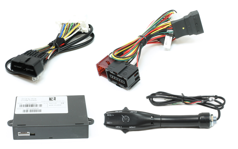 This image shows the components of the Rostra 250-9648 Cruise Control System for the 2022-2023 RAM ProMaster