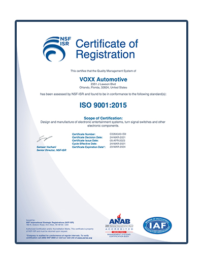 VOXX Automotive ISO 9001:2015 Certification
