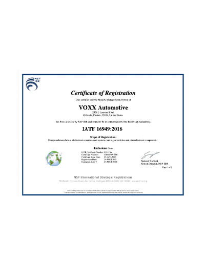VOXX Automotive IATF 16949:2016 Certification