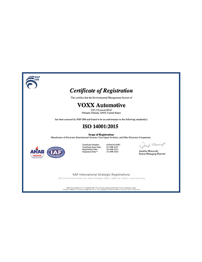 VOXX Automotive ISO 14001:2015 Certification