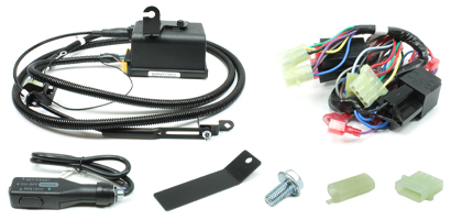 An image showing the components of an add-on cruise control system with Rostra's Global Cruise device and vehicle-specific connectors