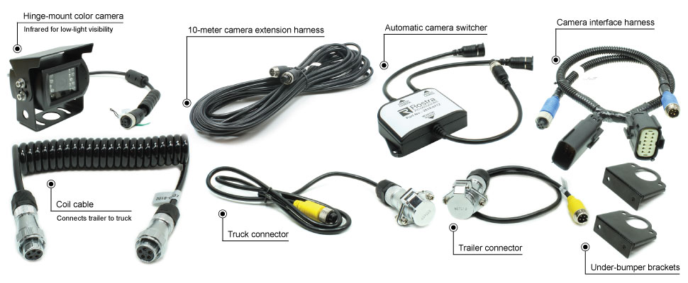 An image showing the kit components in one of Rostra's trailer camera systems with auatomatic camera switchers
