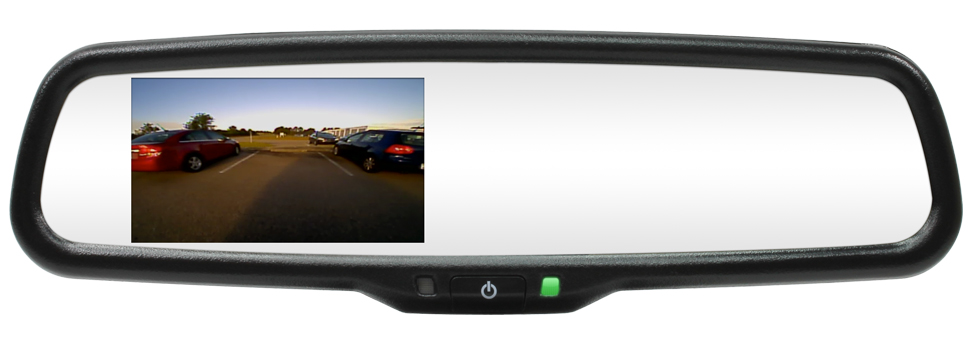 Rostra backup camera rearview mirror 250-8240 includes a 4.3-inch LCD screen, two video inputs and Quick-Touch camera activation technology
