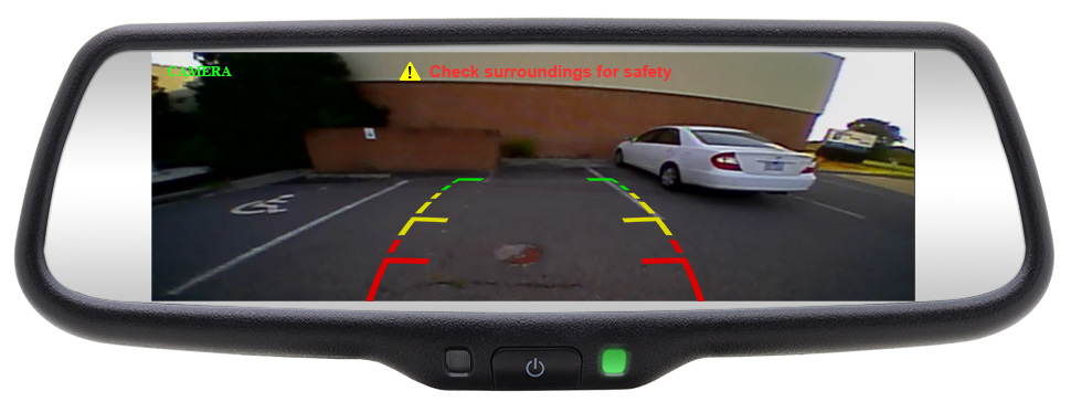 Rostra backup camera rearview mirror 250-8274 includes a 7.2-inch LCD screen, four video inputs and Quick-Touch camera activation technology