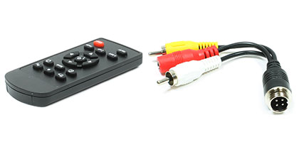 An image of a remote control and RCA video adapter which are two of many service components offered by Rostra to repair or upgrade a vehicle camera system.