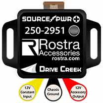 A likeness of the Rostra 250-2951 Source Power system with three wires coming out of the bottom for constant power, ignition power, and chassis ground